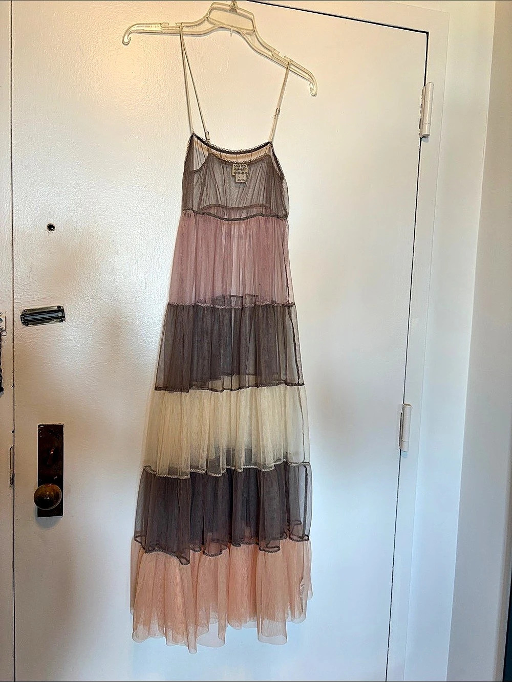 Free People Tiered Mesh Maxi Dress in Brown & Pink Size Small